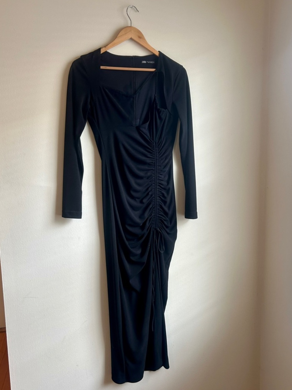 Zara Long Sleeve Asymmetrical Black Ruched Midi Dress